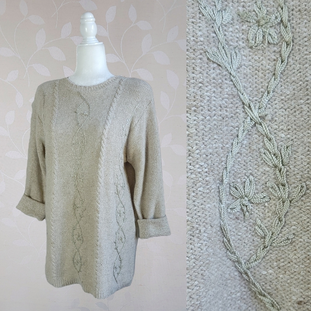 Vintage Garland Vine Embroidery Sweater Whimsy Cottage Angora Silk Neutral Taupe